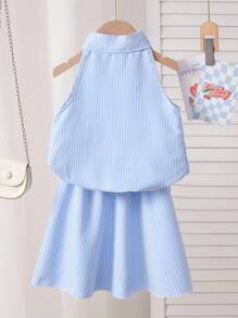 2pcs/Set Girls Chic Summer Loose Plaid Frill Blouse Top & Casual Bottom Set - Blue - View 2