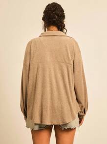 SHEIN VCAY Plus Size Women's Solid Color Drop Shoulder Long Sleeve Single Breasted Pocket Casual Shirt Oversize Shirt For Women Fall Going Out Travel Airport Button Up Shirt Women Top