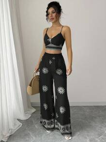 Selianne Bộ 2 món áo crop top hở lưng in họa tiết màu xanh lá cây và quần dài phong cách nghỉ dưỡng giản dị cho nữ - màu đen - Xem 3