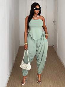 Maweii Summer Casual Sexy Backless Halter Top & Pants 2 Pieces Set, Plus Size Vacation Outfit - Green - View 1