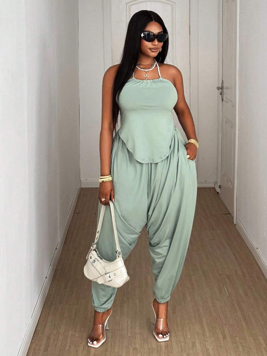 Maweii Summer Casual Sexy Backless Halter Top & Pants 2 Pieces Set, Plus Size Vacation Outfit - Green - View 1