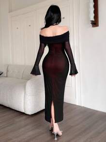 Feyla Rochie elegantă din plasă pentru femei, cu umerii goi - Burgundia - Vizualizare 6