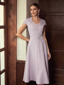 ZEYLAH 短袖束腰长款优雅秋冬连衣裙 - 紫色 - 查看 6