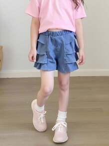 New Fashion Cute Versatile Party Blue Ruffled Layer Shorts For Young Girl - Blue - View 5