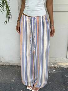 SHEIN EZwear Women's Casual Colorful Striped Loose Drawstring Wide Leg Pants, Versatile Daily Wear