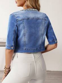 EMERY ROSE Women's Casual Washed Rhinestone Embellished Cropped Denim Jacket - Blue - View 2