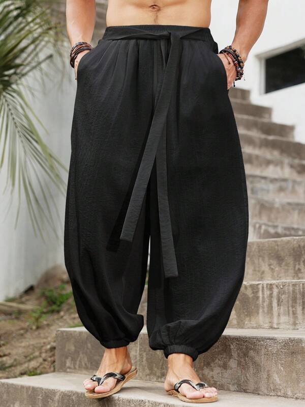 Manfinity Nomadique Men's Wide Leg Loose Casual Pants, Bohemian Nepal Retro Style Trousers Harem Pants Japanese Pants Black Baggy Pants Balloon Pants Boho Pants