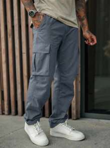 Manfinity Roughcore 男士多口袋休闲时尚直筒实用美式工装裤，灰色后袋工装裤男士战术工作裤街头潮流，秋季 - 霧霾藍 - 查看 3