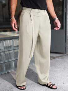 Manfinity Roghcode 男士黑色高腰百褶阔腿裤带腰部装饰配件，时尚百搭高腰裤阔腿裤百褶裤奶油色裤子宽松裤秋季 - 米色 - 查看 5