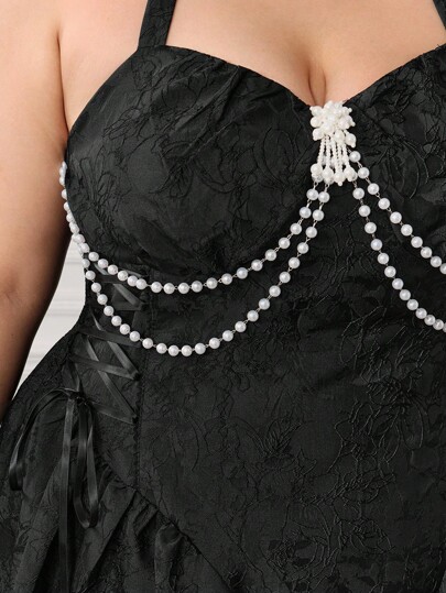 EDITION Plus Size Women Vintage Romantic Palace Jacquard Textured Fabric Pearl Chain Decor Ribbon Tie Waist Dress