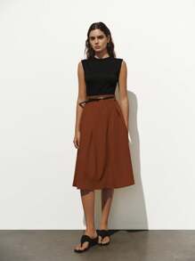 Lumivelle Colorblock Knitted Plaid Pleated Dress Summer Dress Maillard Style Summer Brown Clothes For University - Brown - View 3