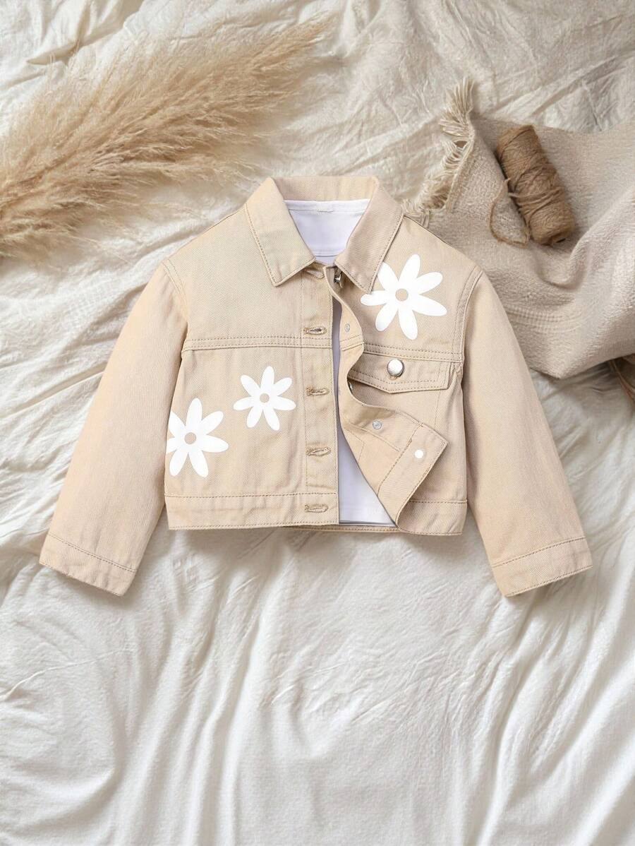 SHEIN Vintaside Kids Young Girl Floral Print Flap Detail Denim Jacket Without Tee,Holiday,Summer,Travel - Khaki - View 1