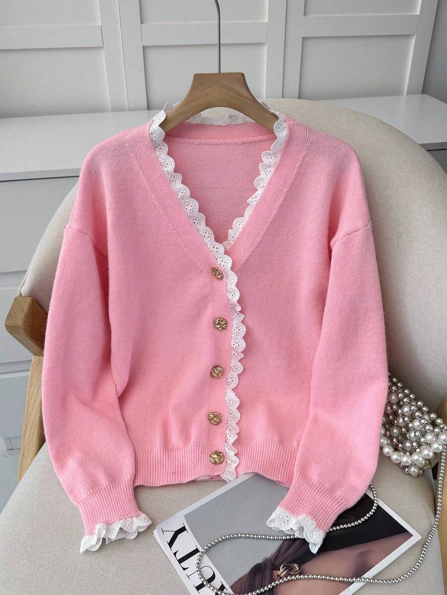 SHEIN LUNE Cardigan maglione casual da donna in colore tinta unita con inserti in pizzo, maniche lunghe