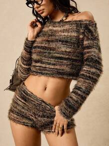 Easelle Women's Chic Fuzzy Knit Two Piece Set,Autumn Brunch Asymmetrical Shoulder Long Sleeve Crop Top And Shorts,All Shades Of Brown Sweater Set - Multicolor - View 5