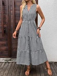 EMERY ROSE Women's Regular V-Neck Sleeveless Midi Dress With Decorative Button Placket,Dresses For Women Elegant,Teacher Outfits For Women,Country Concert Outfit,Office Outfits For Women,Back To School Clothes,Casual Dresses For Woman,Vacation Dress,Airport Outfit For Women,Old Money Style Women Gingham Dress Checkered Dress Casual Midi Dress Picnic Dress Black And White Gingham Dress Tiered Gingham Dress