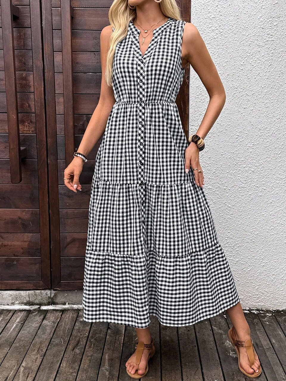 Women's Black And White Checkered Gingham Sleeveless V-Neck Midi Dress,Summer Cottage Core Holiday Vacation Tiered Casual Dress With Button Placket
