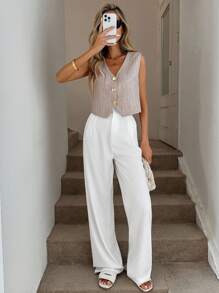 Easowa V领不对称下摆金属纽扣前开衫马甲女装休闲宽松日常通勤复古风亚麻背心纽扣背心浅棕色背心女夏季背心亚麻上衣 - 卡其色 - 查看 5