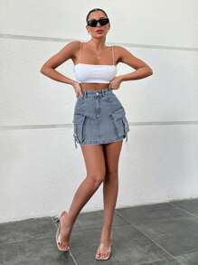 EURMUSE Women's Casual Washed Denim Cargo Mini Skirt - Light Wash - View 6