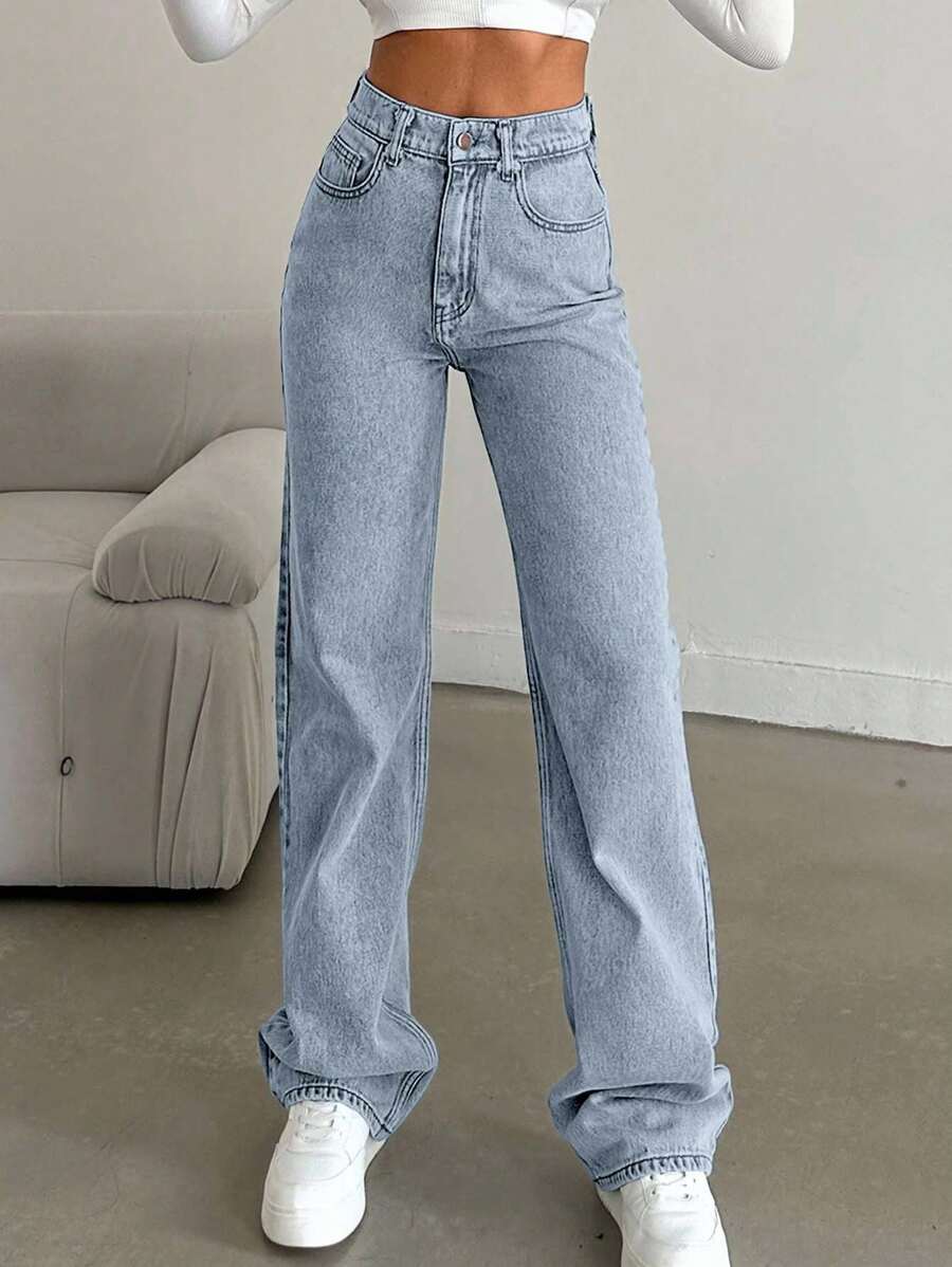 SHEIN Tall Snow Wash Straight Leg Jeans High Rise For Tall - Teal Blue - View 1
