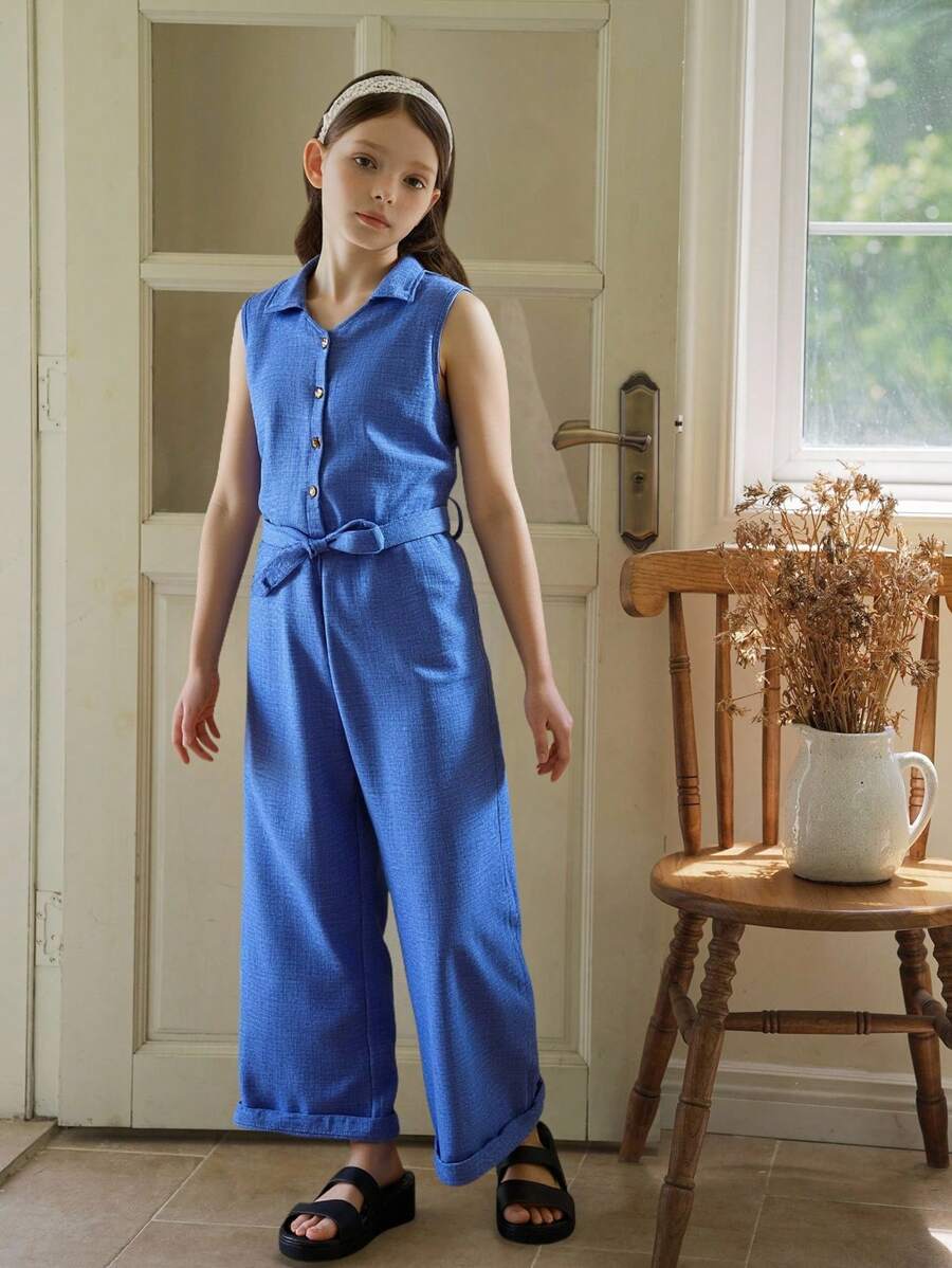 SHEIN Tween Girl Casual Resort Wear Collared V-Neck Open Front Sleeveless Self-Tie Waist Wide Leg Jumpsuit, Spring/Summer,Holiday,Summer,Travel - Blue - View 1