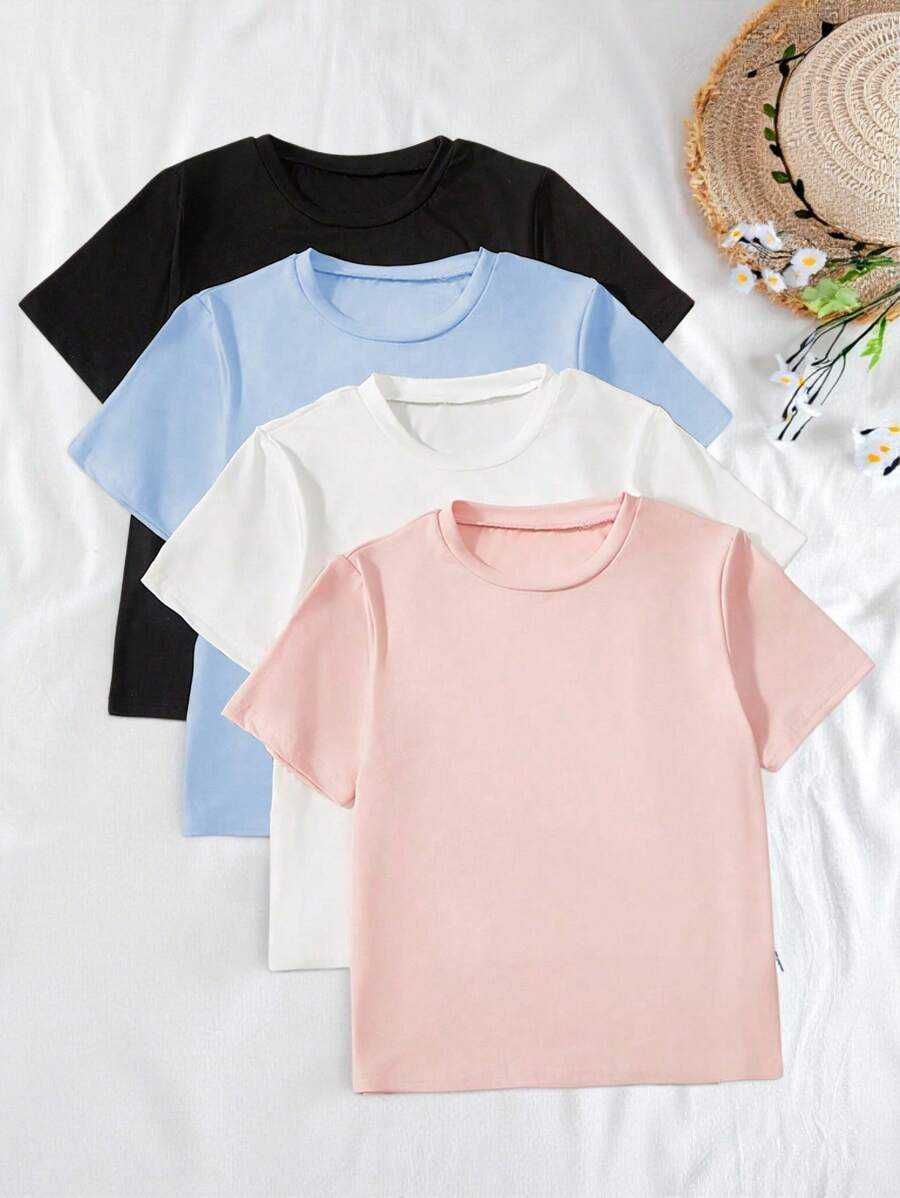 SHEIN Sparklyn 青少女簡約休閒4入短袖t恤套裝,夏季必備 - 彩色 - 查看 1