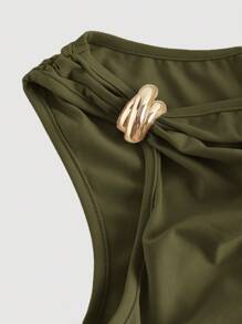 SHEIN MOD Vestido verde militar acanalado con decoración de botón metálico ajustado - Verde militar - Ver 3