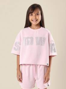 SUMWON 水钻字母印花套装 短款上衣 高腰短裤 休闲夏季休闲套装 - 粉色 - 查看 3