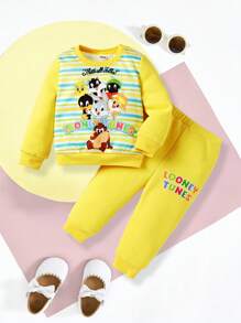 LOONEY TUNES X SHEIN 男婴两件套：彩色条纹卡通动物印花圆领长袖运动衫和裤子，秋冬 - 黃色 - 查看 1