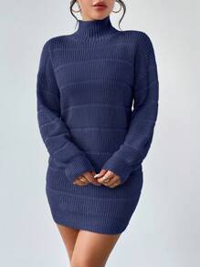 RosyDaze 女款純色高領毛衣連身裙 - 藏蓝色 - 查看 4