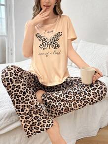 女士休闲蝴蝶豹纹短袖上衣和长裤睡衣套装豹纹睡衣套装豹纹睡衣套装动物印花睡衣女式睡衣套装圆领两件套睡衣套装女式 - 彩色 - 查看 4