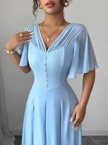 Elenzga Nuevo vestido casual y ligero de mujer con cuello en V de gasa, manga con volantes, botones al frente y dobladillo plisado, adecuado para ir al trabajo, citas, vacaciones y uso diario versátil, con efecto estilizador de la cintura y elegante