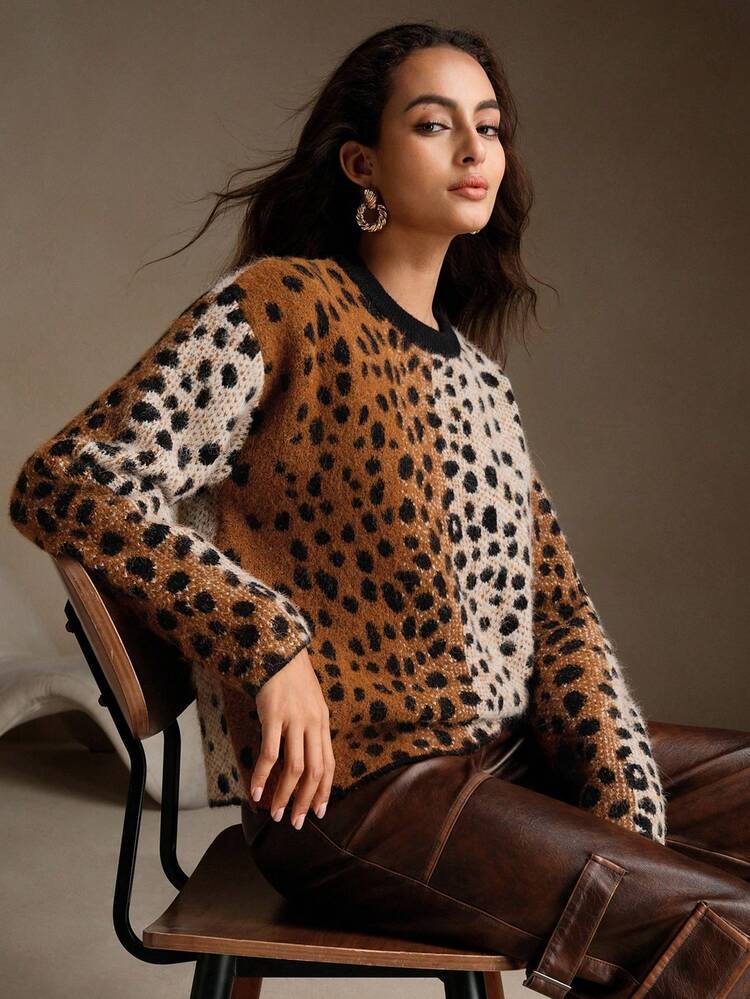 Pull col rond imprimé léopard vintage, mode et élégant, convient pour l'automne/l'hiver, Noël, Nouvel An, fête