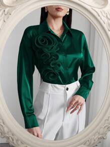 Modelyn Tricou elegant pentru femei, cu mânecă lungă, cu decor floral 3D, croială lejeră, cu umeri căzuți, design simplu, potrivit pentru primăvară și toamnă - Verde inchis - Vizualizare 5