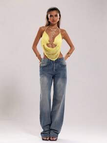 SHEIN BAE 女士夏季性感波西米亚海滩度假音乐会女士露背领带金属装饰钩针夏季上衣，女士夏季，俱乐部女士性感