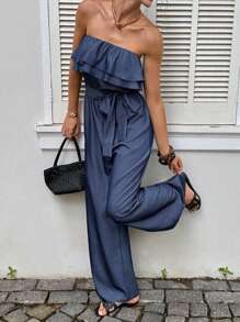 Siren Gaze Herbst 2025 Neu! Frauen Herbstkleidung im Stil von "Old Money" - Business Lässig Blaue Denim Bandeau Jumpsuit mit Rüschen-Saum an den Schultern, Lehrerin Outfits für Frauen Rückkehr zur Schule Arbeitsweg Alltags-Tragen Jumpsuit, Lässiger Jumpsuit mit langem Rüschensaum für Büro & Alltag - marineblau - Übersicht 2
