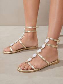 SHUZIA Phụ nữ Thoải mái Hàng ngày Mùa hè Dễ thương Kỳ nghỉ Thường ngày Đá Trang trí Dép đế bằng - Màu be - Xem 2