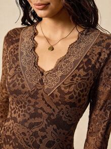 Easelle 蕾丝棕色连衣裙迷你长袖喇叭袖不对称蕾丝波西米亚风西部游牧风连衣裙喇叭长袖秋冬搭配复古 - 咖啡 - 查看 6