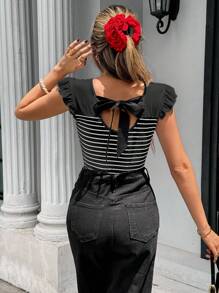 Pariaura Áo ba lỗ hở lưng kẻ sọc phong cách đường phố Pháp thời trang xuân/hè cho nữ - màu đen - Xem 2