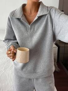 Livesso Set de 2 piese pentru femei, casual, culoare solidă, cu rever, mânecă lungă, top și pantaloni lejeri, treninguri, set de lenjerie pentru femei - Gri - Vizualizare 4