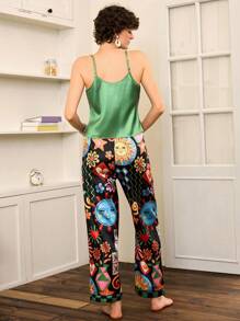 缎面印花、星星和花卉格子图案女士睡衣套装 - 綠色 - 查看 2