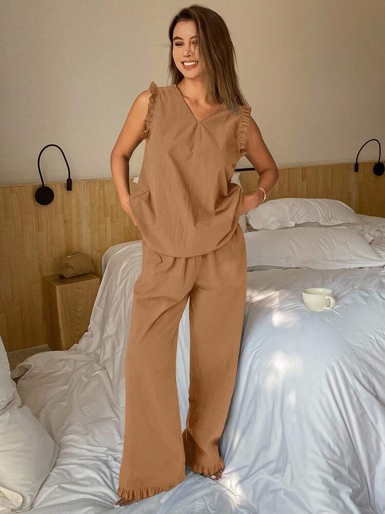 2pcs Solid Color Sleeveless Homewear Set For Women, Outfits Pajama