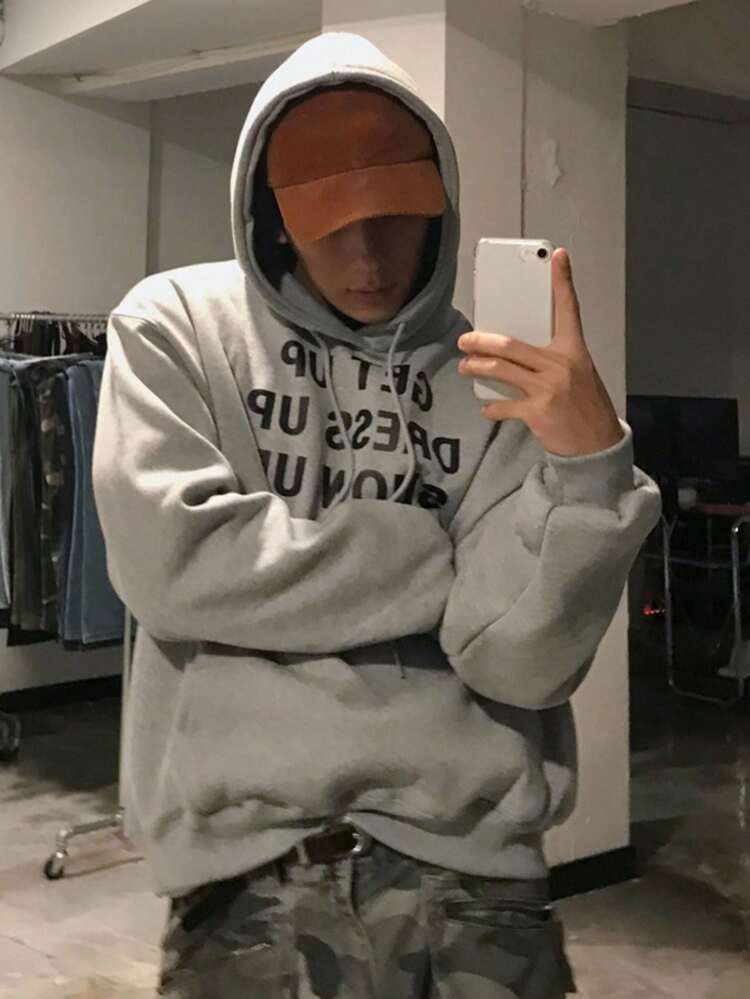 Men's Letter Print Drawstring Gray Hoodie, Autumn