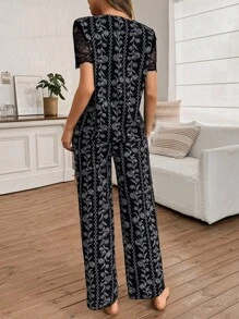 SHEIN 紫藤花蕾丝边透视肩部镂空短袖睡衣套装 - 黑色 - 查看 2