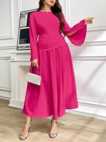 Ellevyn Plus Size Women Elegant,Formal,Wedding Ninang Dress, Pleated Flare Sleeve Maxi,Blush Pink,Autumn,Mother Of The Bride,Vintage Classy Outfits - Hot Pink - View 13