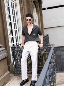 SHEIN X ELOISA & ORSON Musero Pantalones rectos con cintura plegable y doble pretina para hombres