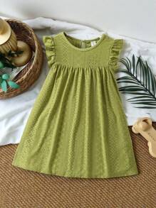 SHEIN Vintaside Kids Young Girl Eyelet Embroidery Ruffle Trim Smock Dress,Holiday,Summer,Travel - Army Green - View 9