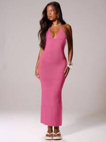 MUSERA 吊带露背钩针针织修身连衣裙，适合伊比沙岛度假、春夏节日、海滩穿着，浪漫优雅，生日派对罩衫，时尚别致 - 粉色 - 查看 5