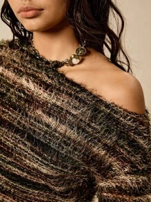 Easelle Women's Chic Fuzzy Knit Two Piece Set,Autumn Brunch Asymmetrical Shoulder Long Sleeve Crop Top And Shorts,All Shades Of Brown Sweater Set - Multicolor - View 2