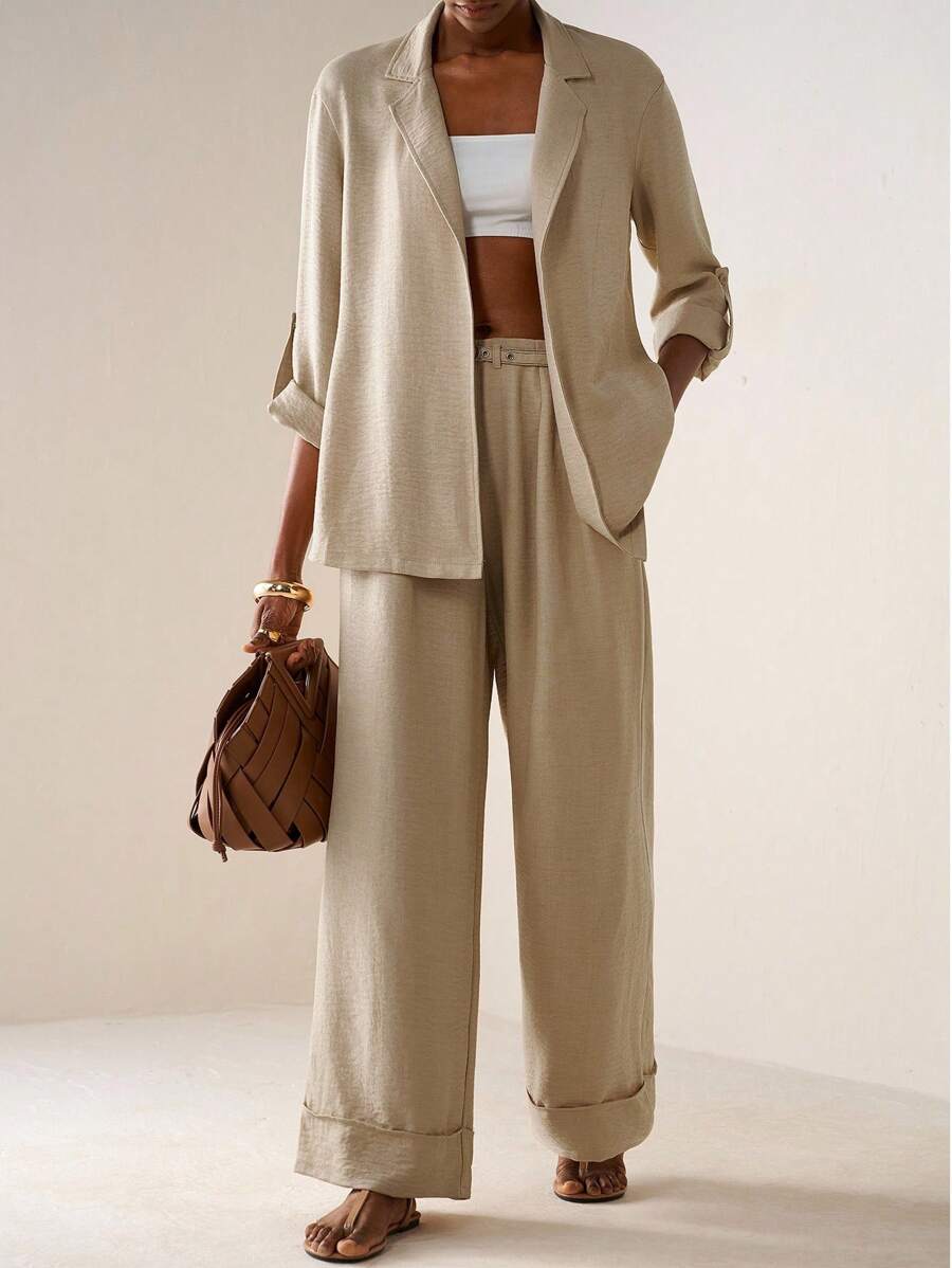 Zivah 2025秋冬新款学院风学生装日常街头基础百搭休闲度假街头风纹理面料皱布西装外套长款上衣和裤子阔腿裤带口袋腰带装饰长裤两件套杏色亚麻西装 - 杏色 - 查看 1
