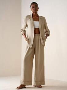 Zivah 2025秋冬新款学院风学生装日常街头基础百搭休闲度假街头风纹理面料皱布西装外套长款上衣和裤子阔腿裤带口袋腰带装饰长裤两件套杏色亚麻西装 - 杏色 - 查看 5